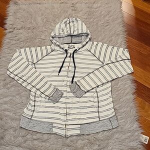 BKE mens slim fit gray, black and white stripped light weight hooded zip up